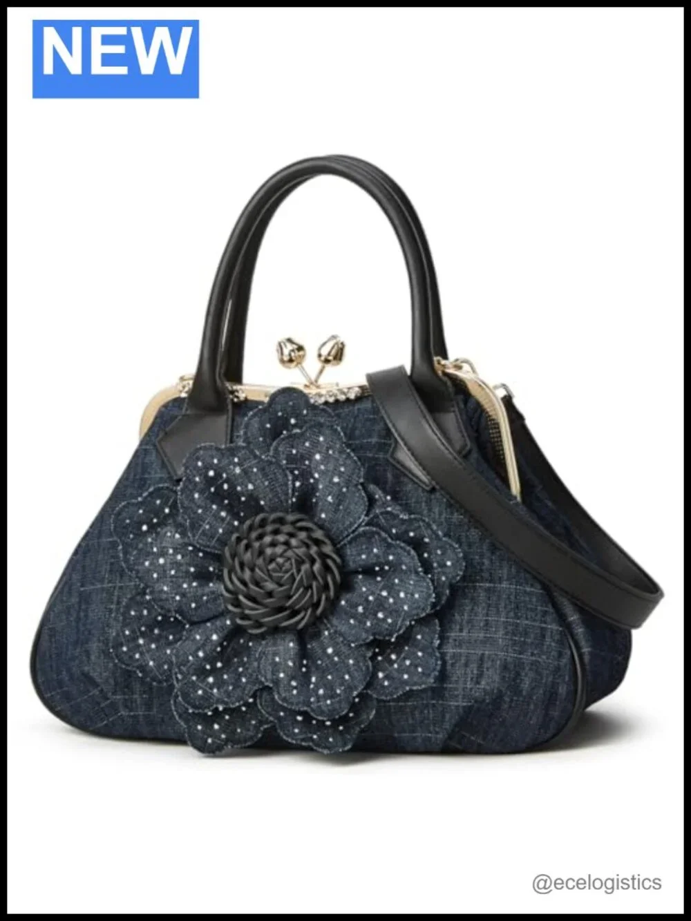 Denim Kiss Lock Tote Handbag Rhinestone Floral Clutch Crossbody Shoulder Bag